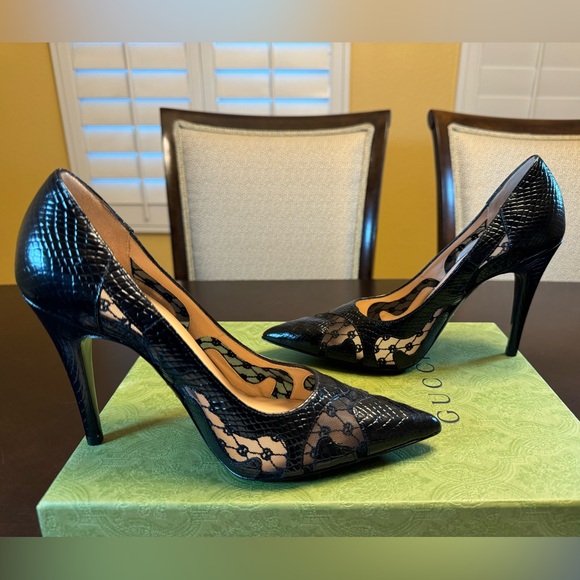 New Gucci Calf Leather Python Print GG Logo High Heels Shoes Size 37 / US 7 - Picture 13 of 16